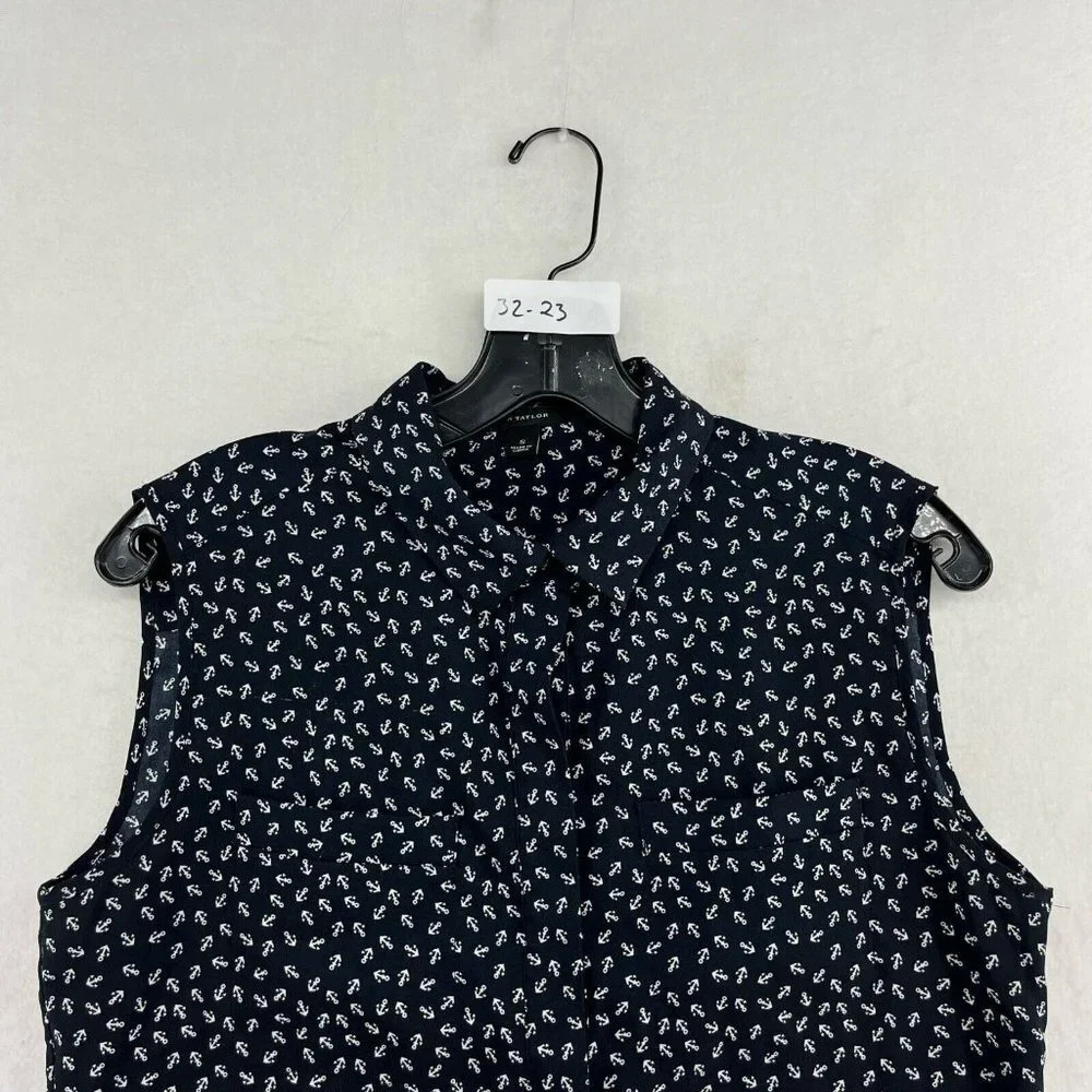 Ann Taylor Button-Up Shirt Women's Sz S Black Anchor Print Collared Side Slit - Picture 11 of 11